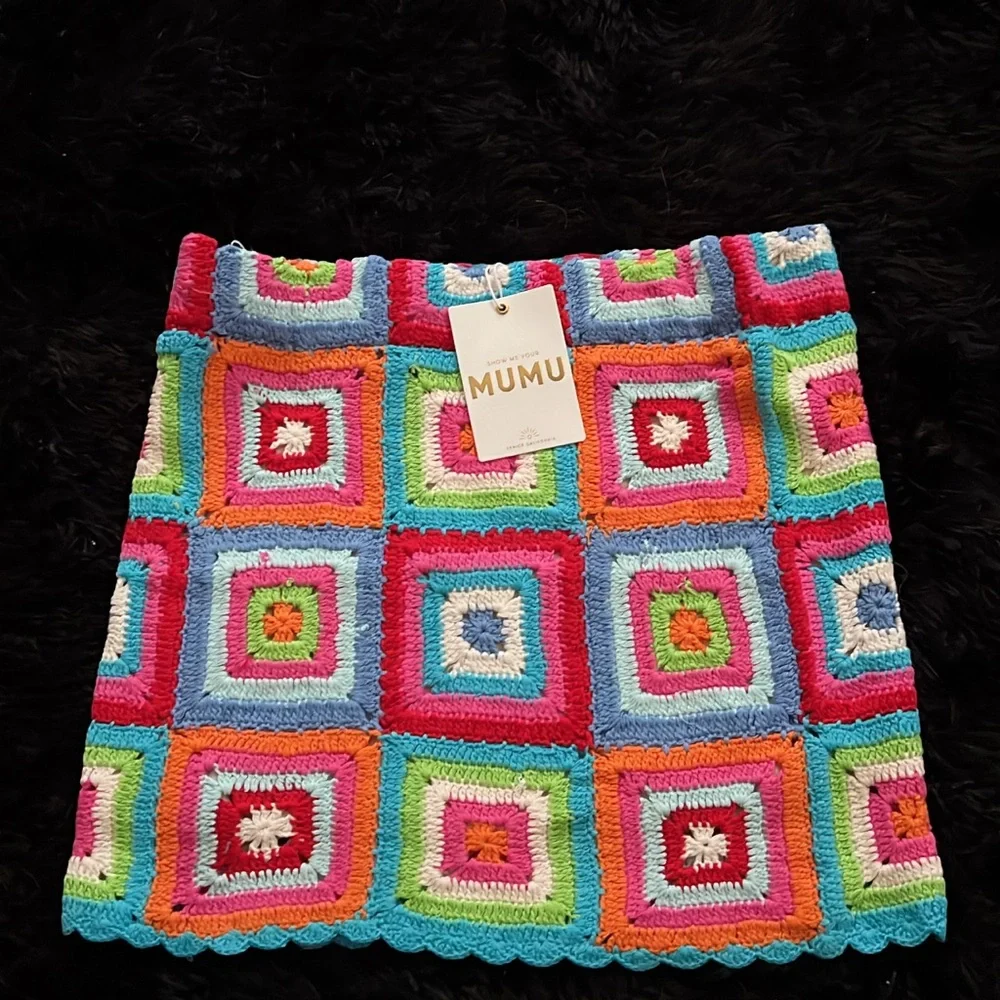 NWT Show Me Your MuMu Rainbow Crochet Granny Square Mini Skirt Festival - Picture 4 of 4
